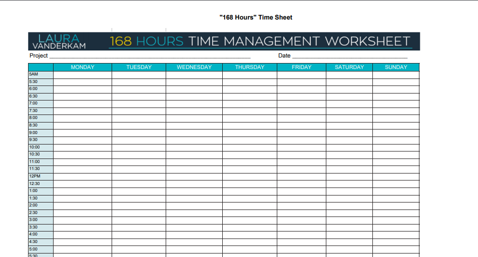 جدول تنظيم الوقت (يفضل طباعته والكتابة بالقلم) من Laura Vanderkam