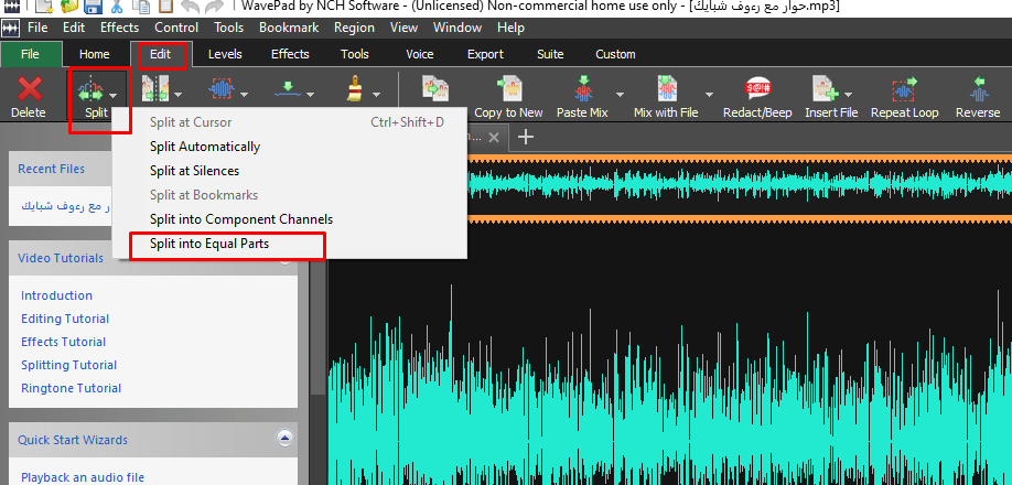 شرح التقسيم في برنامج WavePad Audio File Splitter
