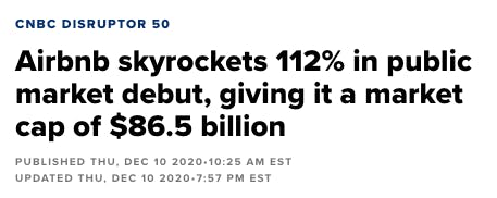 عنوان الخبر: أسهم Airbnb تُحلق عاليًا بنسبة 112 بالمئة عند طرحها الأولي في البورصة، مُحققة للشركة قيمة سوقية قدرها 86.5 مليار دولار