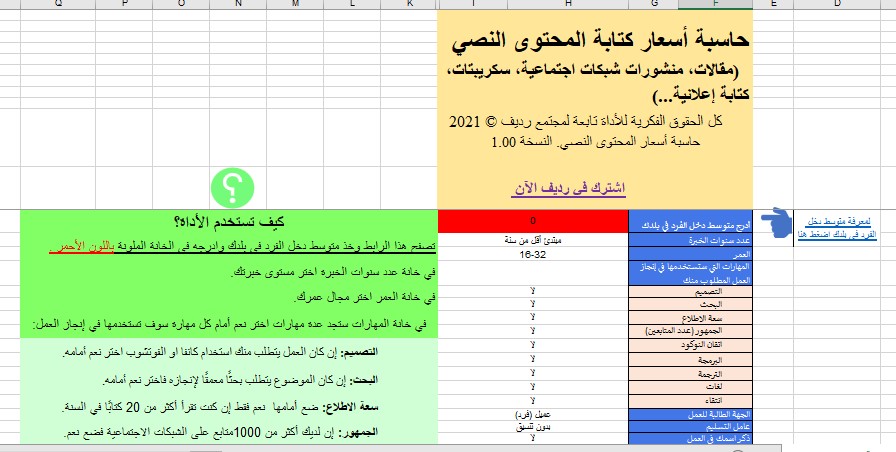 لقطة شاشة عن الأداة وكيف تبدو: حاسبة أسعار كتابة المحتوى النصي.