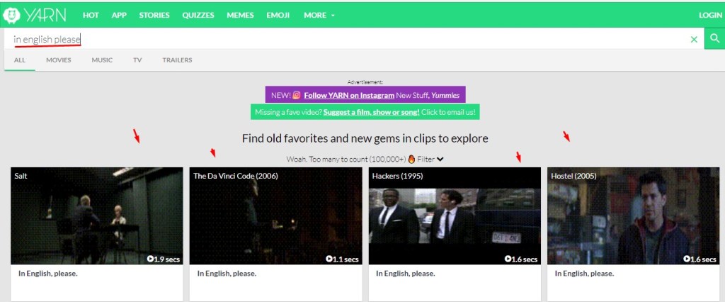 البحث بعبارة "بالإنجليزية من فضلك" في موقع البحث في عبارات الأفلام ومقاطعها يارن دوت دو