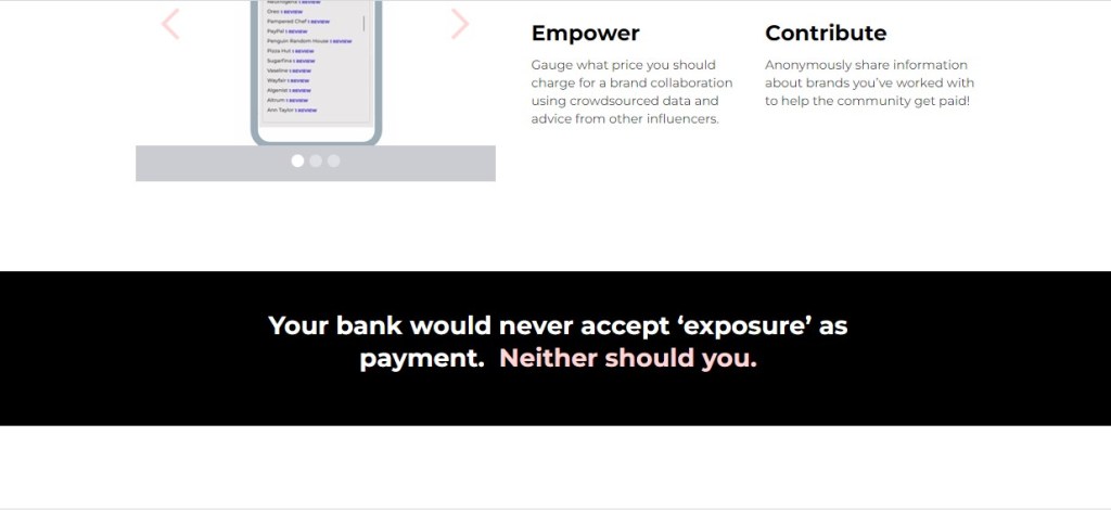 جزء من واجهة موقع موقع f*** you pay me وهي تُظهر العبارة التي استشهدنا بها في الحلقة الصوتية من أن البنوك لن تقبل أبدًا الظهور الإعلامي بصفته طريقة دفع