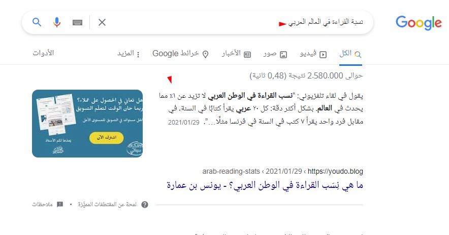 إليكم ما يأتي به ذكاءُ غوغل عندما تكتب في محرك البحث هذه العبارة: «نسبة القراءة في العالم العربي».