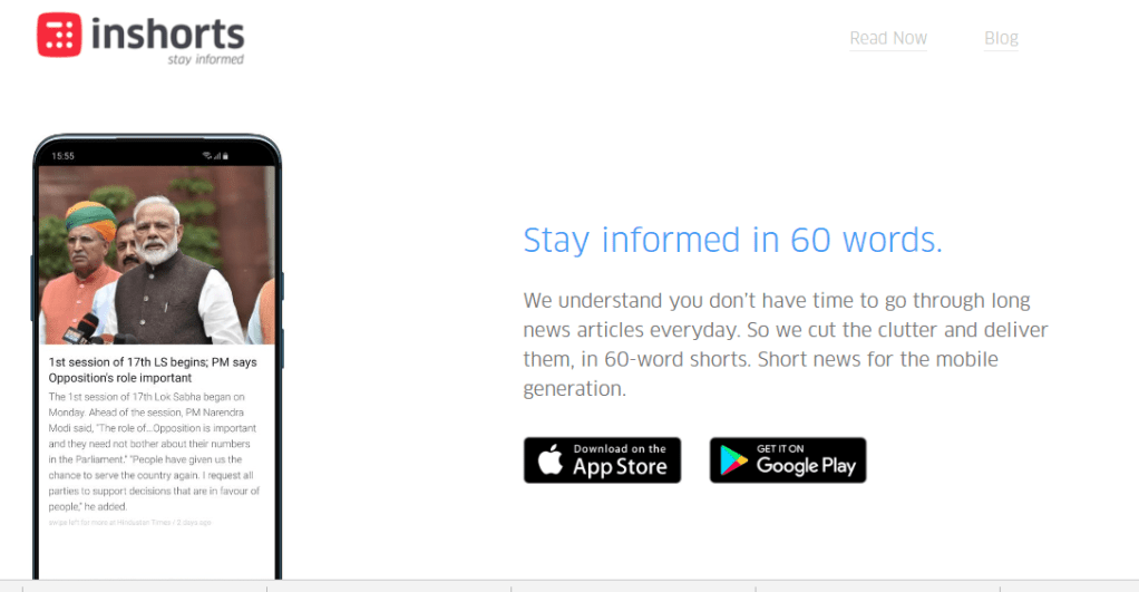 صفحة هبوط تطبيق إن شورتس (Inshorts)