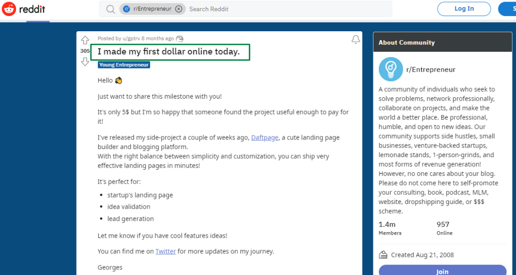 فرحة الحصول على أول دولار من الإنترنت فرحة لا تضاهى. مصدر: ريديت