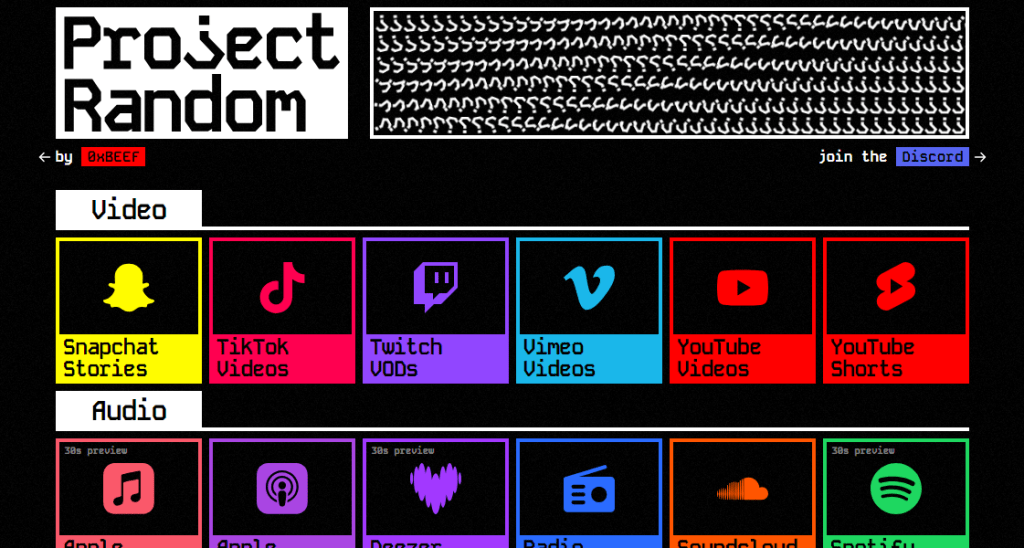 واجهة موقع مشروع عشوائي (Project Random)