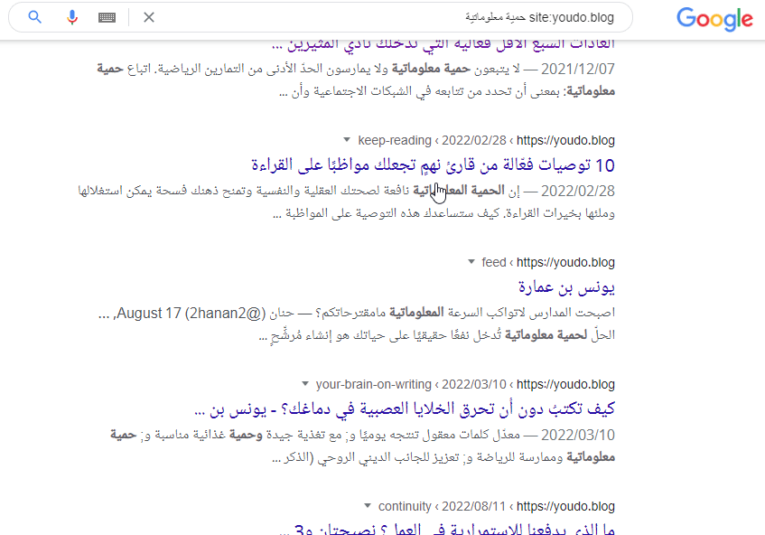 البحث بعبارة حمية معلوماتية في مدونة يونس بن عمارة عبر غوغل