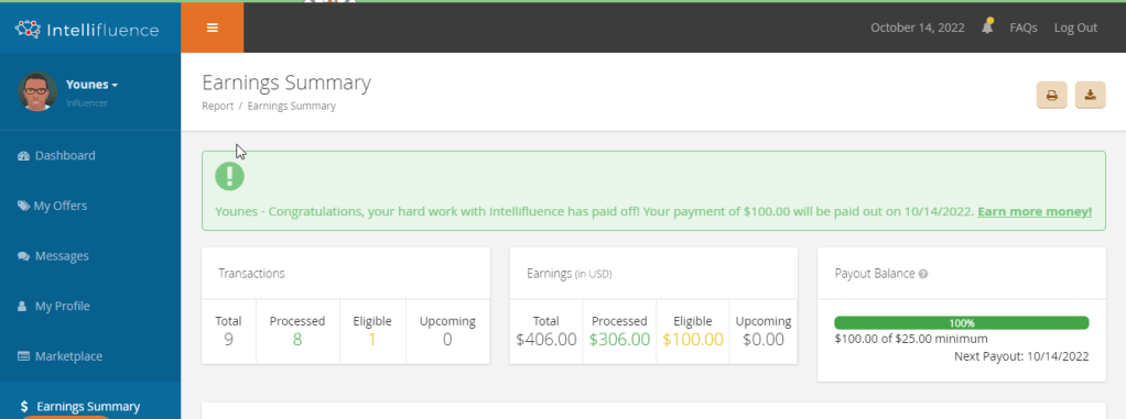 جنيت حتى الآن من موقع Intellifluence [رابط إحالة]  ما قيمته 406 دولارات. 