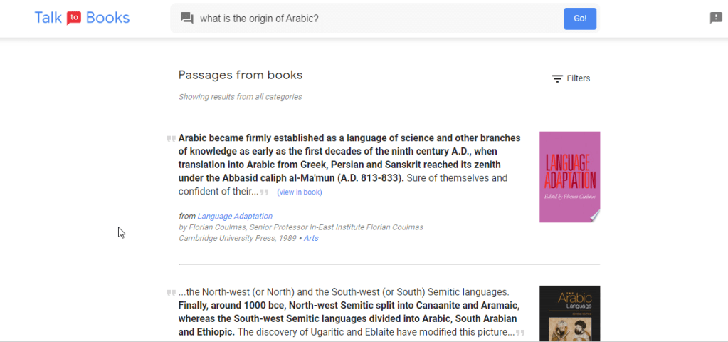 سؤال طرحته على أداة تحدث للكتب من غوغل نصه: ما أصل العربية؟