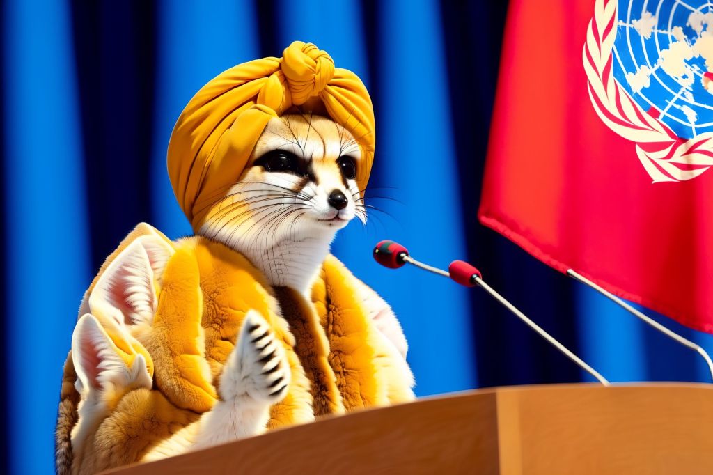 يصرح السيد فنك الثعالبي رئيس الفيدرالية العظمى للأفناك أن شعبه مهدد بالانقراض. فن رقمي من إنجاز يونس بن عمارة بواسطة موقع lexica.art