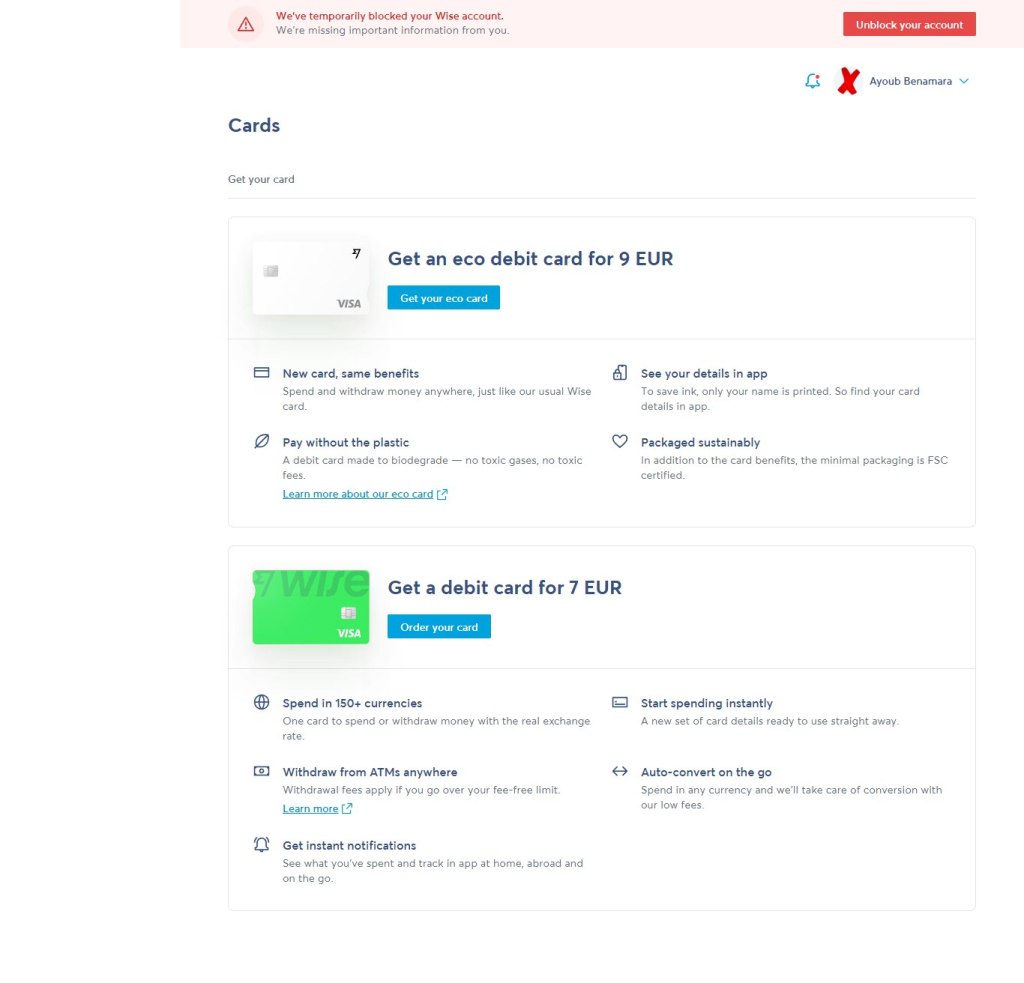 أنواع البطاقات التي تتيحها وايز. بيئية بـ 9 يورو وعادية بـ 7 يورو