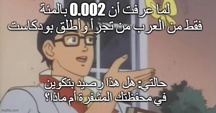 ميم عن ضآلة عدد المدونات الصوتية (البودكاست) العربية. أعددته بموقع imgflip.com