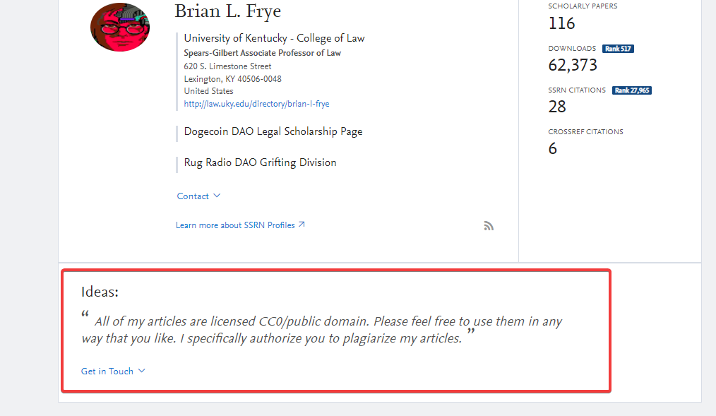 صفحة بريان إل. فراي (Brian L. Frye) وتصريحه الواضح بأن أعماله في الملكية العامة