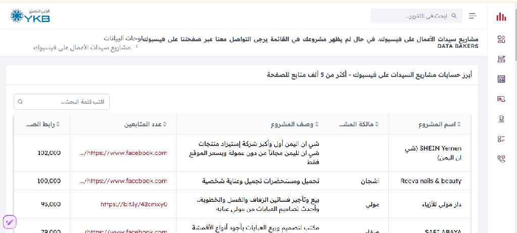 مشاريع سيدات الأعمال من اليمن على فيسبوك. مصدر: DATA BAKERS