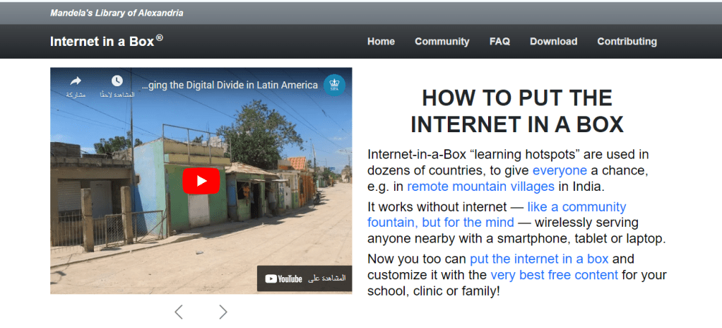 واجهة موقع مشروع إنترنت في علبة (Internet-in-a-Box) لتوفير محتوى تعليمي راقي دون اتصال بالشابكة