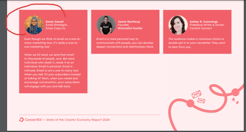 إيمان إسماعيل خبيرة إستراتيجية في البريد الإلكترونيّ. لديها موقع مرتّب وعروض وخدمات واضحة. اسم الموقع إيمان كوبي كو. المصدر: تقرير كونفرت كيت 2024.