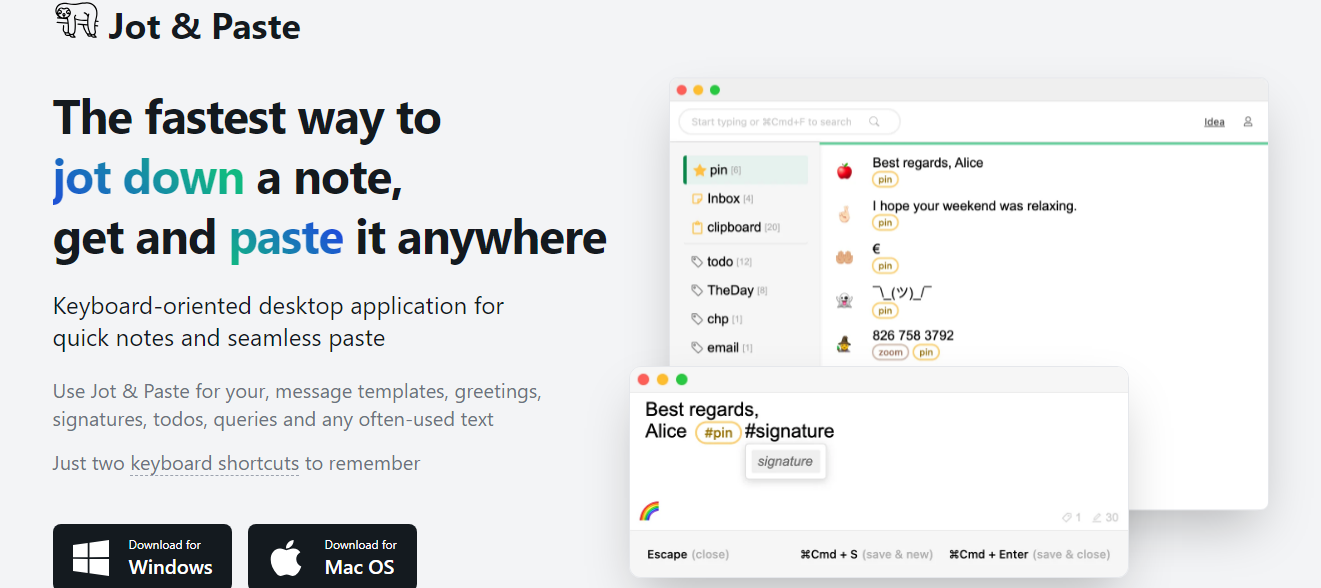 واجهة موقع أداة Jot & Paste المساعدة للكتّاب الذين يكررون استخدام عبارات معينة وذلك لتسريع الكتابة.