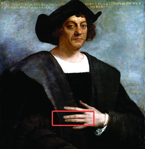 جزء من صورةٌ شخصيّة لـ كريستوفر كولومبس وفيها يظهر أصبعه البنصر والوسطى ملتصقان