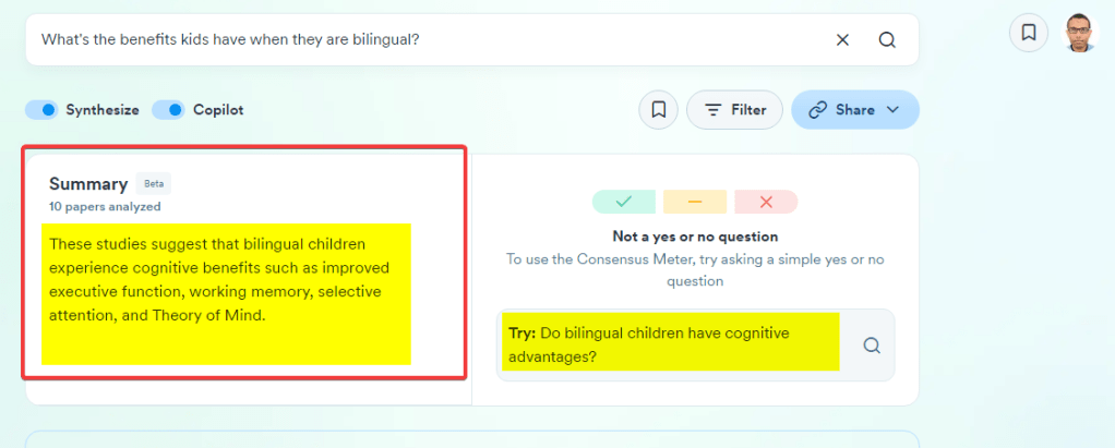 جواب Consensus بعد تحليله 10 أوراق علمية عن سؤال هل يتمتع الأطفال ثنائيو اللغة بمزايا معينة؟