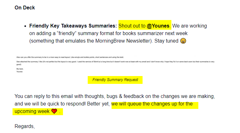 سعدتُ بظهوري في أحد أعداد نشرة برمجية Summaries.co لتلخيص الكتب بالذكاء الاصطناعي بعد تقديمي تقييمًا وملاحظات لتحسين الخدمة لصاحبها فيهار ديسو (Vihar Desu)